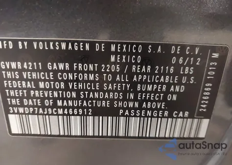 2012 Volkswagen Jetta 2.5L Se from USA, damaged, VIN 3VWDP7AJ9CM466912